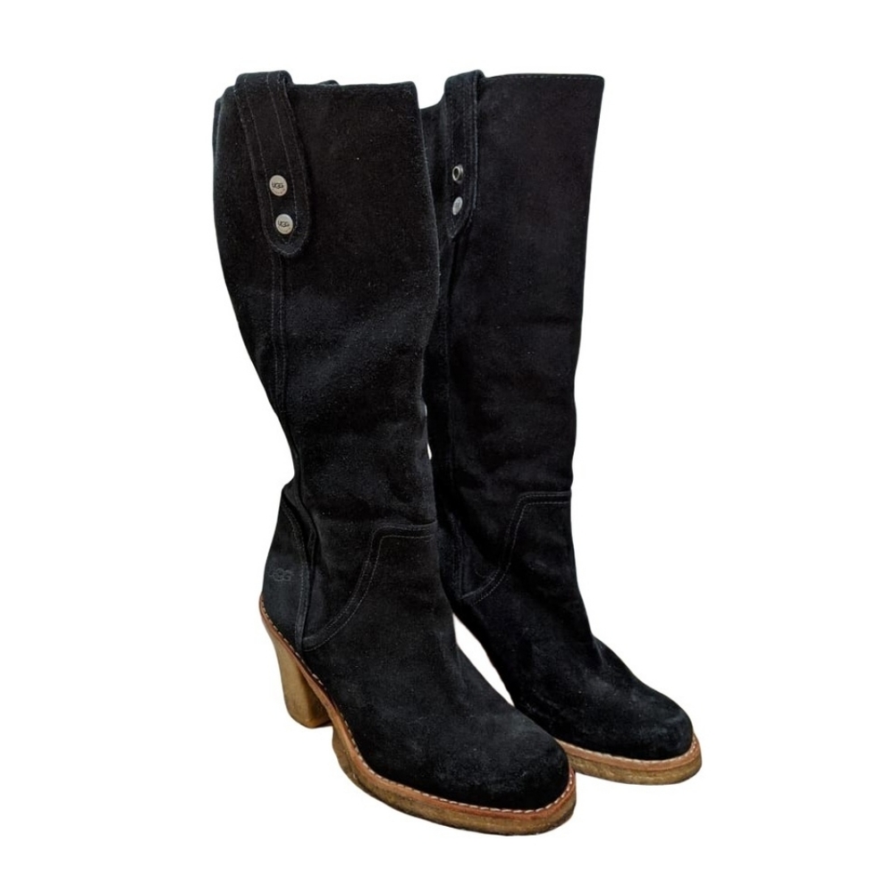 Ugg Josie Sz 7 Heeled Tall Black Suede Cuff Boots